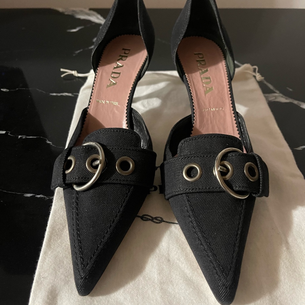 Prada Women's Black Pointed Toe Heels With Buckle